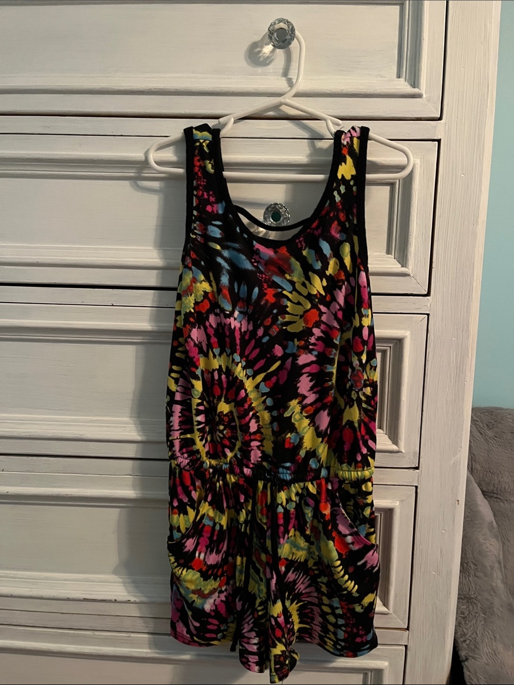 Girls' Black Multi Tie-Dye Romper with Pockets